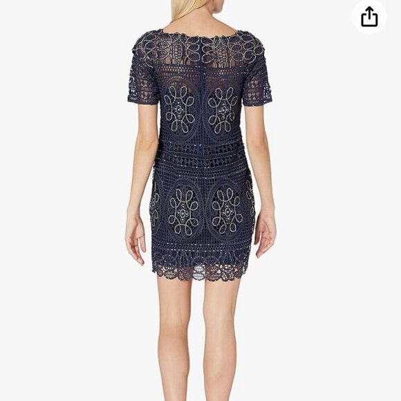 Aidan Mattox Navy Short Lace Beaded Sheath Cocktail Dress, Size 12 - Picture 2 of 16